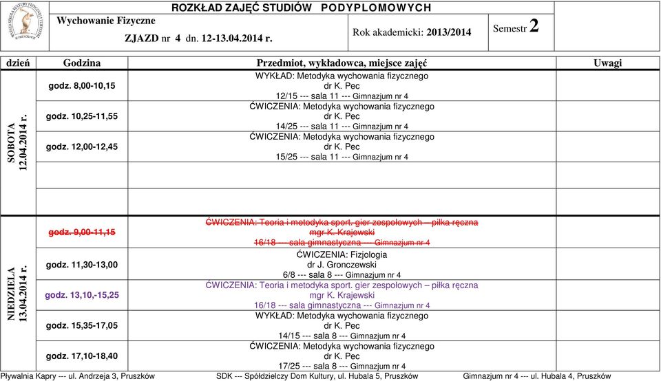 9,00-11,15 16/18 --- sala gimnastyczna --- Gimnazjum nr 4 godz. 11,30-13,00 6/8 --- sala 8 --- Gimnazjum nr 4 godz.