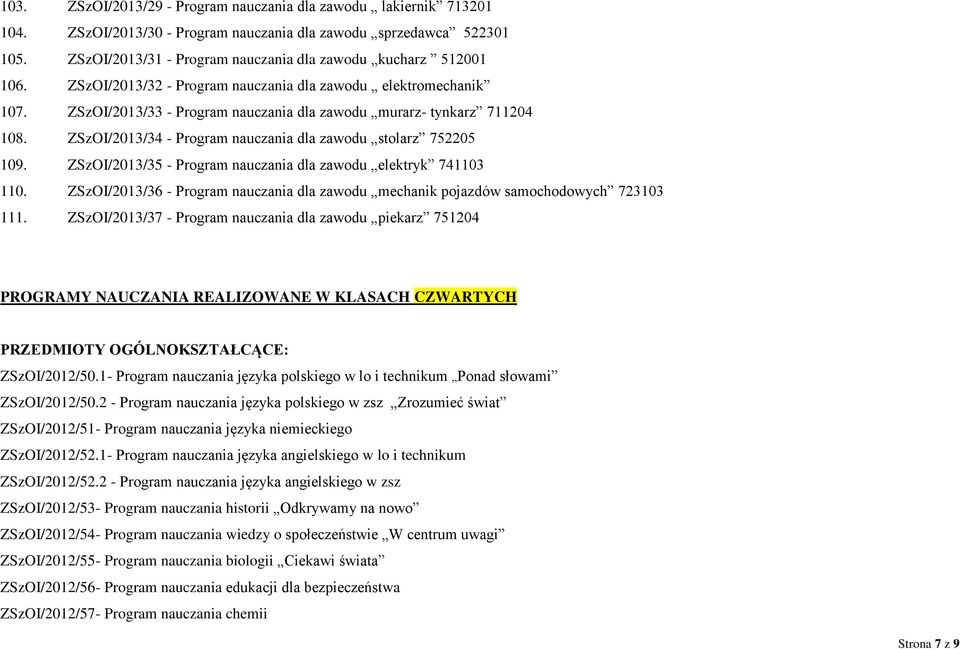 ZSzOI/2013/33 - Program nauczania dla zawodu murarz- tynkarz 711204 108. ZSzOI/2013/34 - Program nauczania dla zawodu stolarz 752205 109.