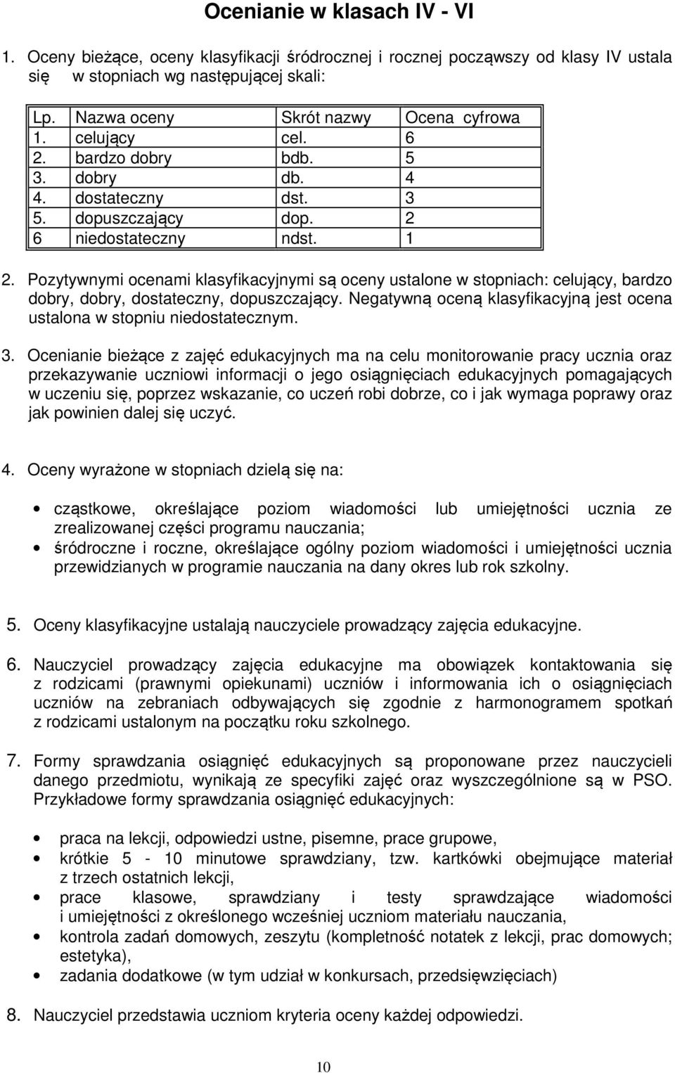 Pozytywnymi ocenami klasyfikacyjnymi są oceny ustalone w stopniach: celujący, bardzo dobry, dobry, dostateczny, dopuszczający.