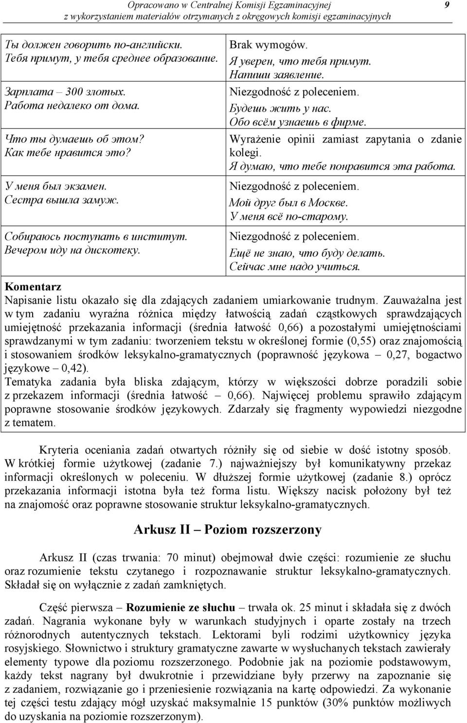 Niezgodność z poleceniem. Будешь жить у нас. Обо всём узнаешь в фирме. Wyrażenie opinii zamiast zapytania o zdanie kolegi. Я думаю, что тебе понравится эта работа. Niezgodność z poleceniem.