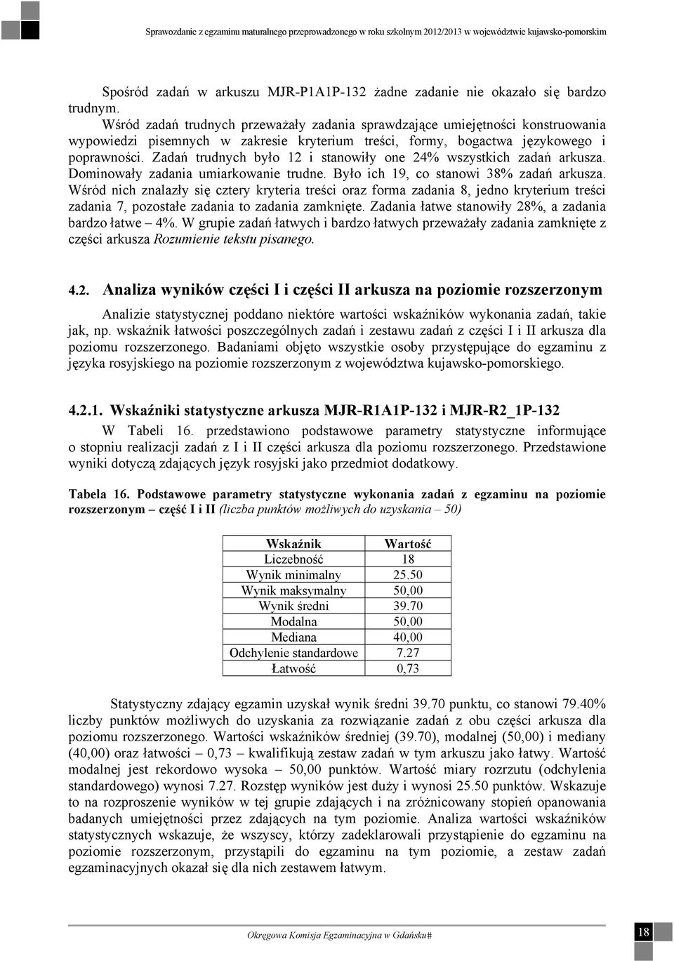 Zadań trudnych było 12 i stanowiły one 24% wszystkich zadań arkusza. Dominowały zadania umiarkowanie trudne. Było ich 19, co stanowi 38% zadań arkusza.