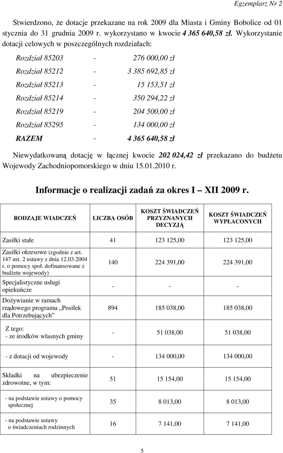 500,00 zł Rozdział 85295-134 000,00 zł RAZEM - 4 365 640,58 zł Niewydatkowaną dotację w łącznej kwocie 202 024,42 zł przekazano do budŝetu Wojewody Zachodniopomorskiego w dniu 15.01.2010 r.