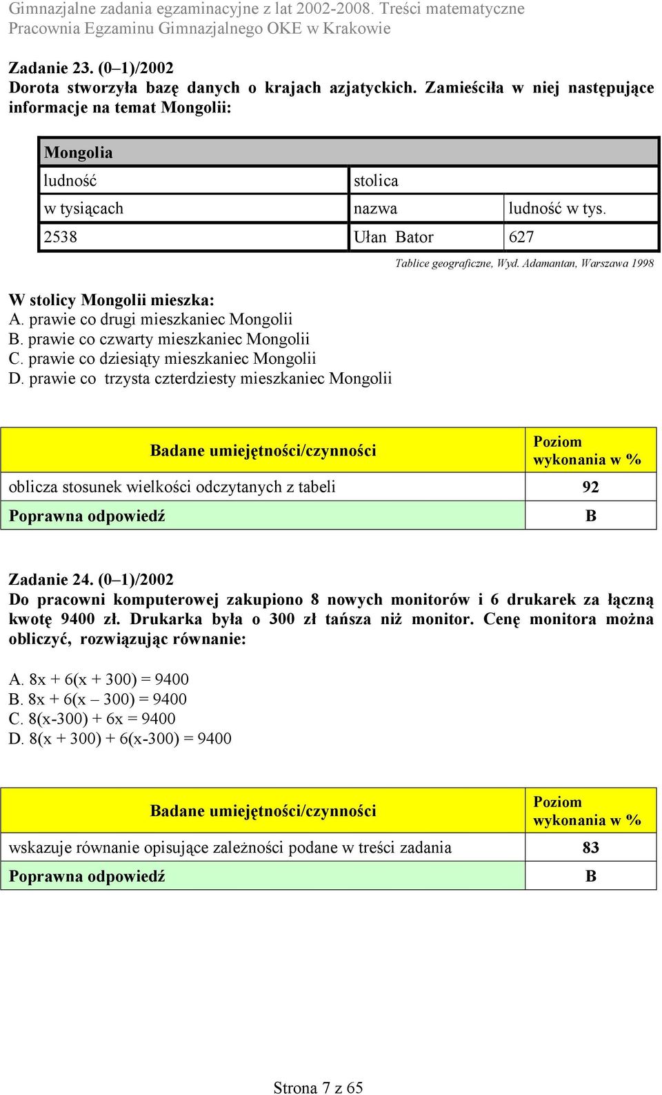 prawie co trzysta czterdziesty mieszkaniec Mongolii Tablice geograficzne, Wyd. Adamantan, Warszawa 1998 oblicza stosunek wielkości odczytanych z tabeli 92 B Zadanie 24.