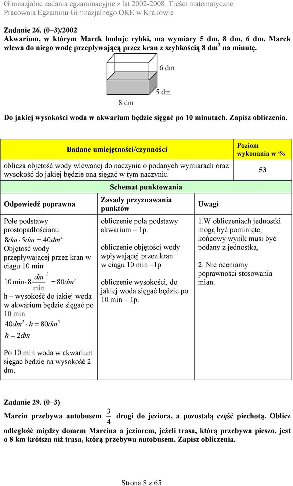 oblicza objętość wody wlewanej do naczynia o podanych wymiarach oraz wysokość do jakiej będzie ona sięgać w tym naczyniu Pole podstawy prostopadłościanu 2 8dm 5dm= 40dm Objętość wody przepływającej