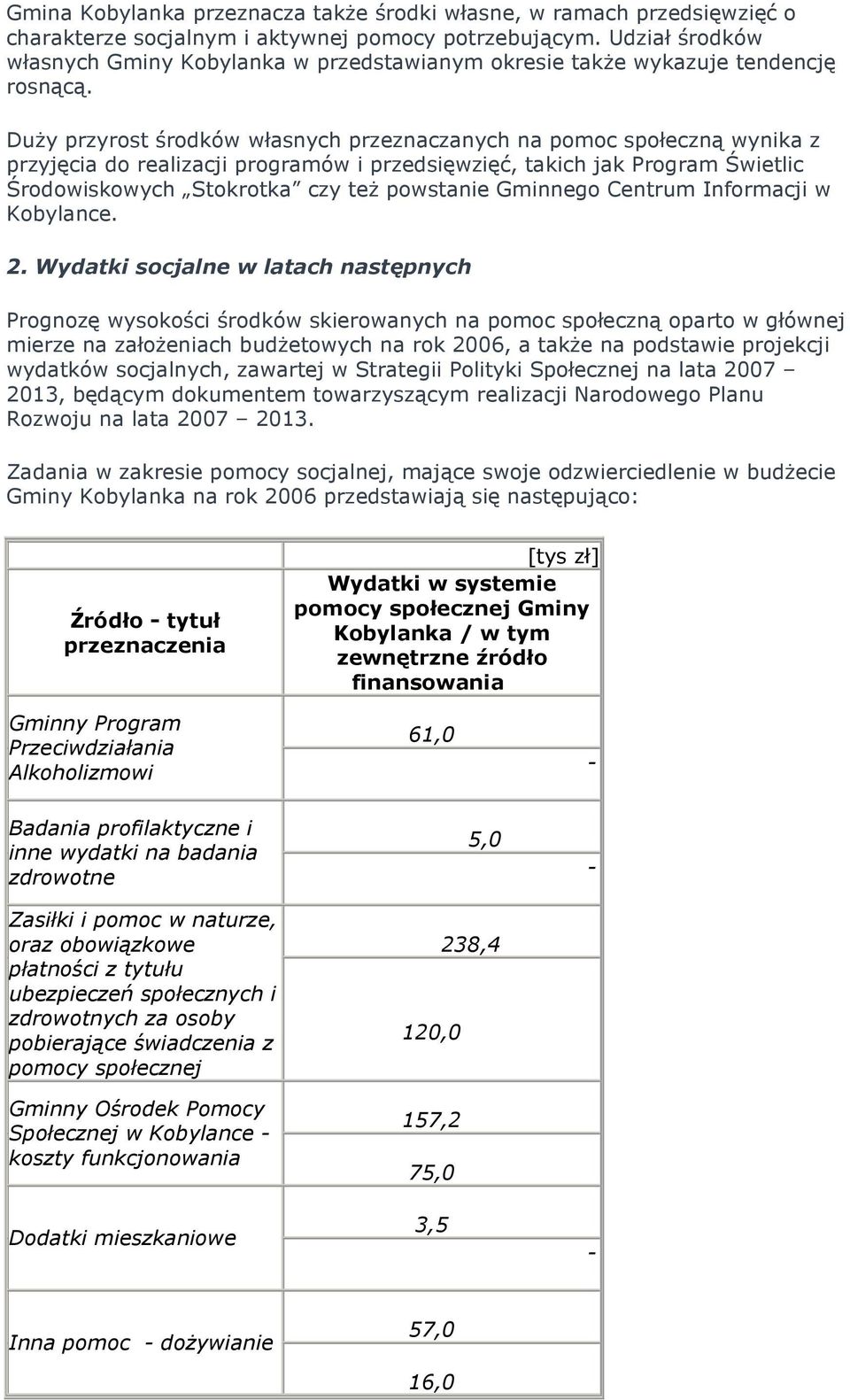 DuŜy przyrst śrdków własnych przeznaczanych na pmc spłeczną wynika z przyjęcia d realizacji prgramów i przedsięwzięć, takich jak Prgram Świetlic Śrdwiskwych Stkrtka czy teŝ pwstanie Gminneg Centrum