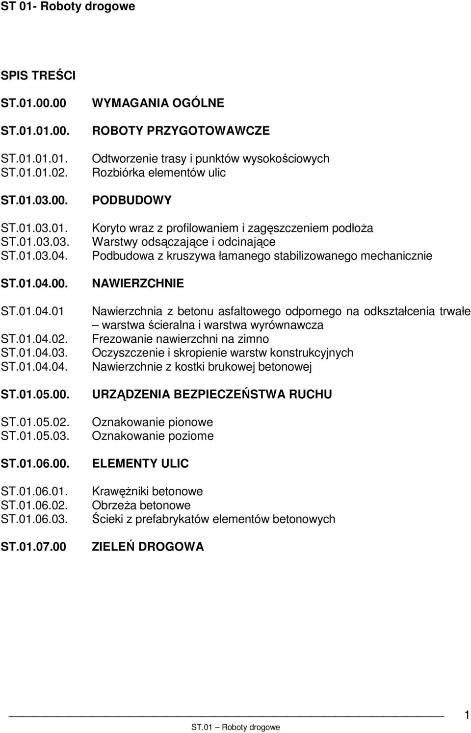 00 WYMAGANIA OGÓLNE ROBOTY PRZYGOTOWAWCZE Odtworzenie trasy i punktów wysokościowych Rozbiórka elementów ulic PODBUDOWY Koryto wraz z profilowaniem i zagęszczeniem podłoŝa Warstwy odsączające i