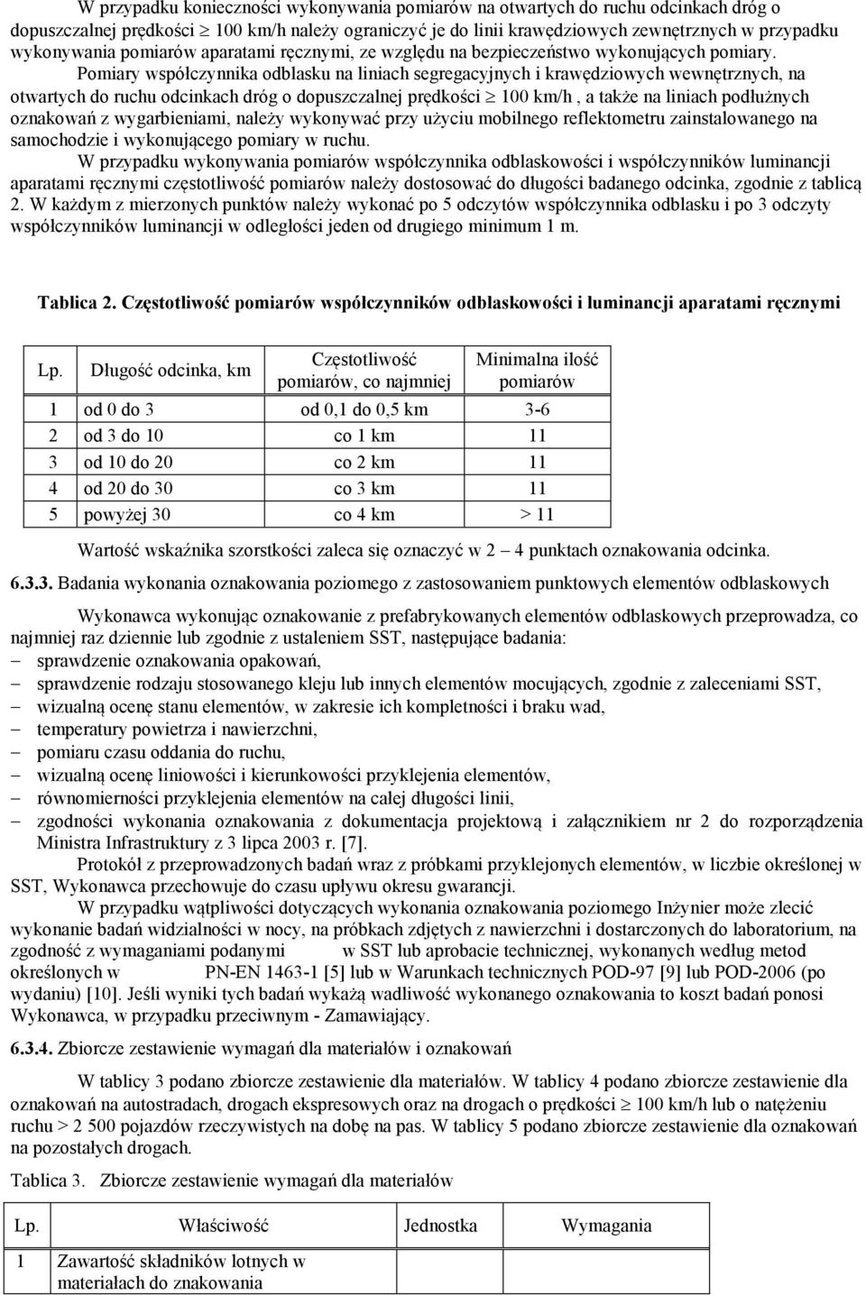 Pomiary współczynnika odblasku na liniach segregacyjnych i krawędziowych wewnętrznych, na otwartych do ruchu odcinkach dróg o dopuszczalnej prędkości 100 km/h, a także na liniach podłużnych oznakowań