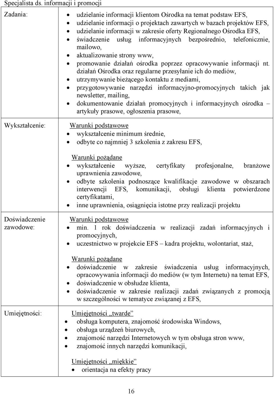 oferty Regionalnego Ośrodka EFS, świadczenie usług informacyjnych bezpośrednio, telefonicznie, mailowo, aktualizowanie strony www, promowanie działań ośrodka poprzez opracowywanie informacji nt.