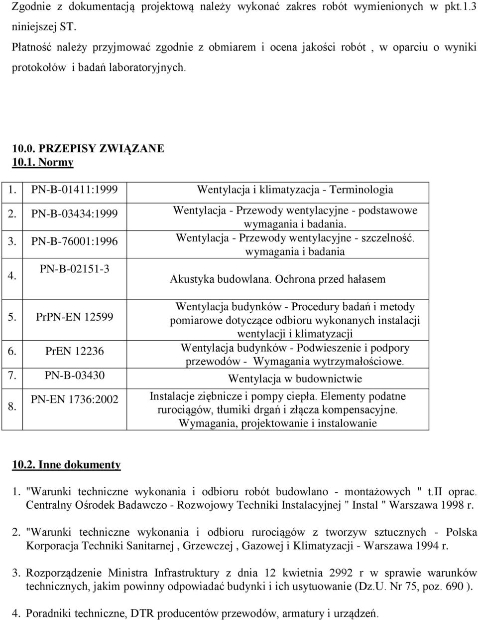 PN-B-01411:1999 Wentylacja i klimatyzacja - Terminologia 2. PN-B-03434:1999 Wentylacja - Przewody wentylacyjne - podstawowe wymagania i badania. 3.