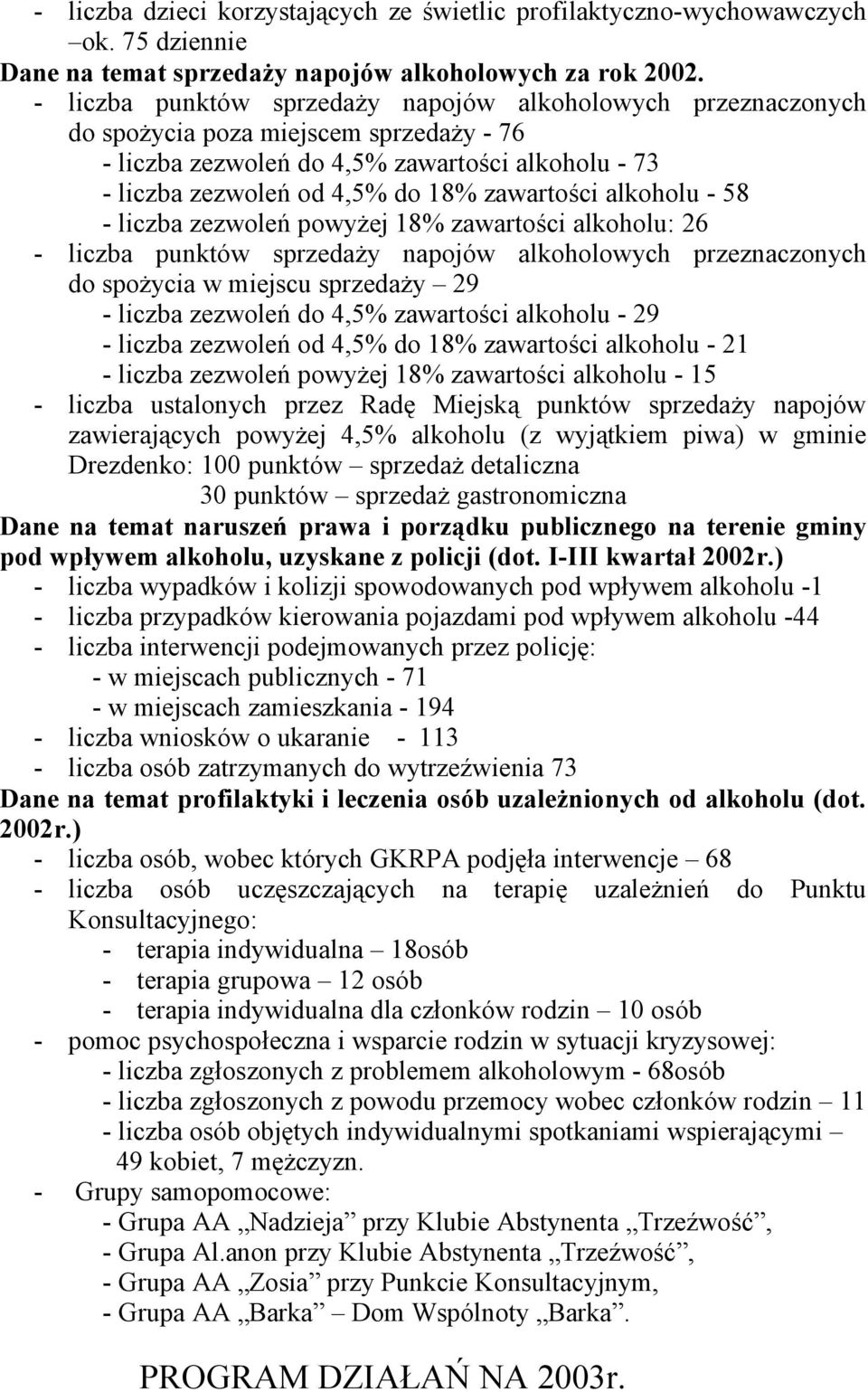 alkoholu - 58 - liczba zezwoleń powyżej 18% zawartości alkoholu: 26 - liczba punktów sprzedaży napojów alkoholowych przeznaczonych do spożycia w miejscu sprzedaży 29 - liczba zezwoleń do 4,5%