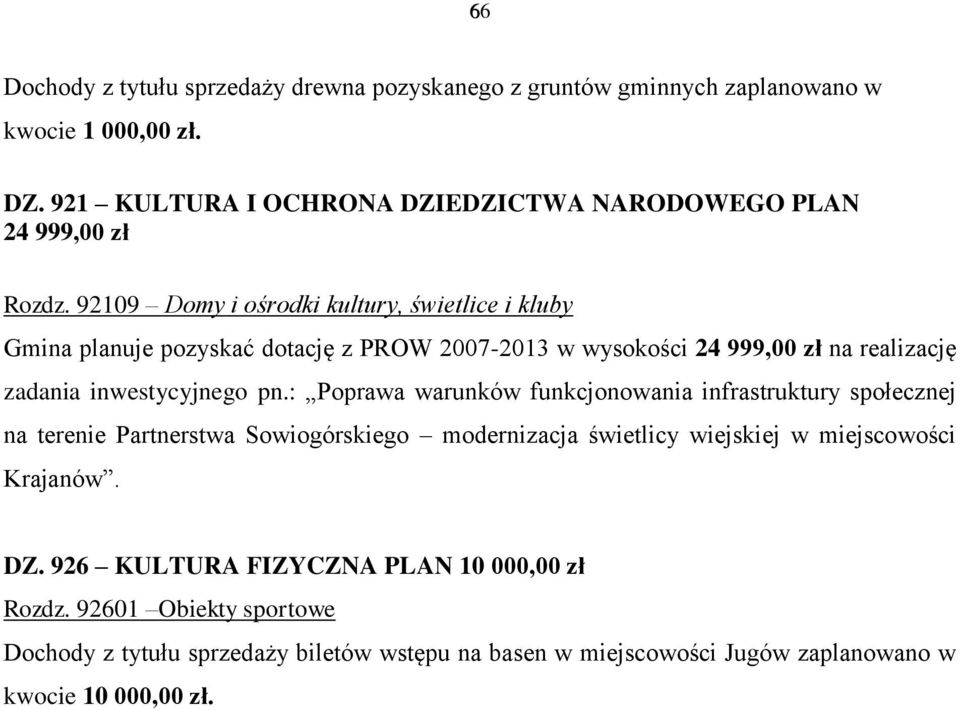 92109 Domy i ośrodki kultury, świetlice i kluby Gmina planuje pozyskać dotację z PROW 2007-2013 w wysokości 24 999,00 zł na realizację zadania inwestycyjnego pn.