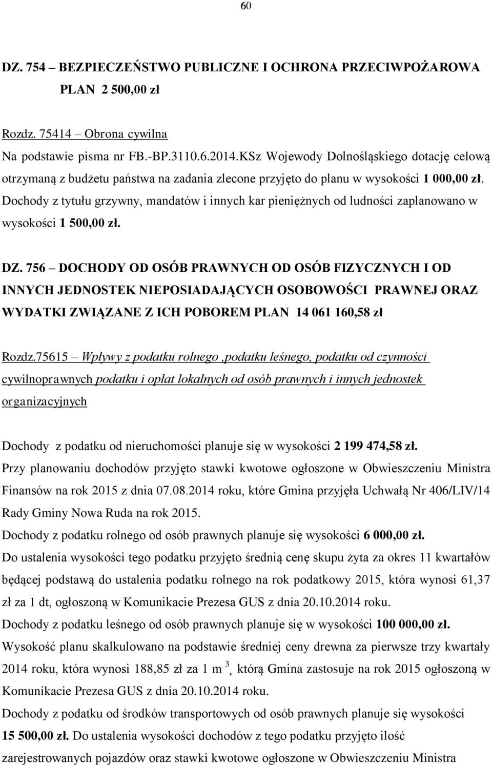 Dochody z tytułu grzywny, mandatów i innych kar pieniężnych od ludności zaplanowano w wysokości 1 500,00 zł. DZ.