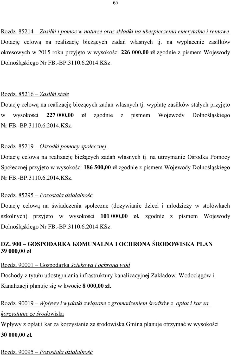85216 Zasiłki stałe Dotację celową na realizację bieżących zadań własnych tj. wypłatę zasiłków stałych przyjęto w wysokości 227 000,00 zł zgodnie z pismem Wojewody Dolnośląskiego Nr FB.-BP.3110.6.2014.