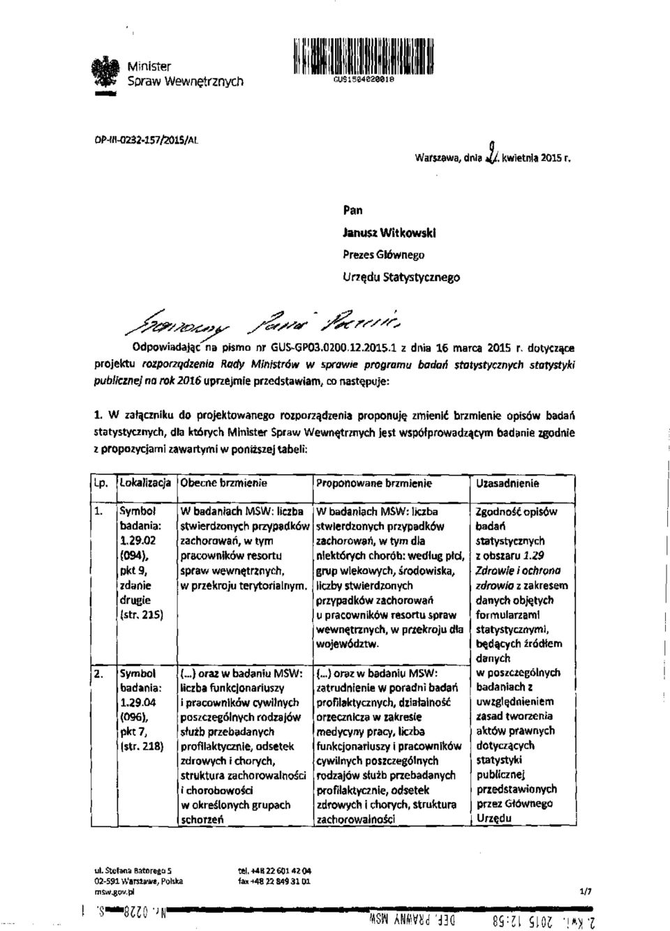 1 z dnia 16 marca 2015 r dotyczące projektu rozporządzenia Rady Ministrów w sprawie programu badań statystycznych statystyki publicznej na rok 2016 uprzejmie przedstawiam, oo następuje: 1.