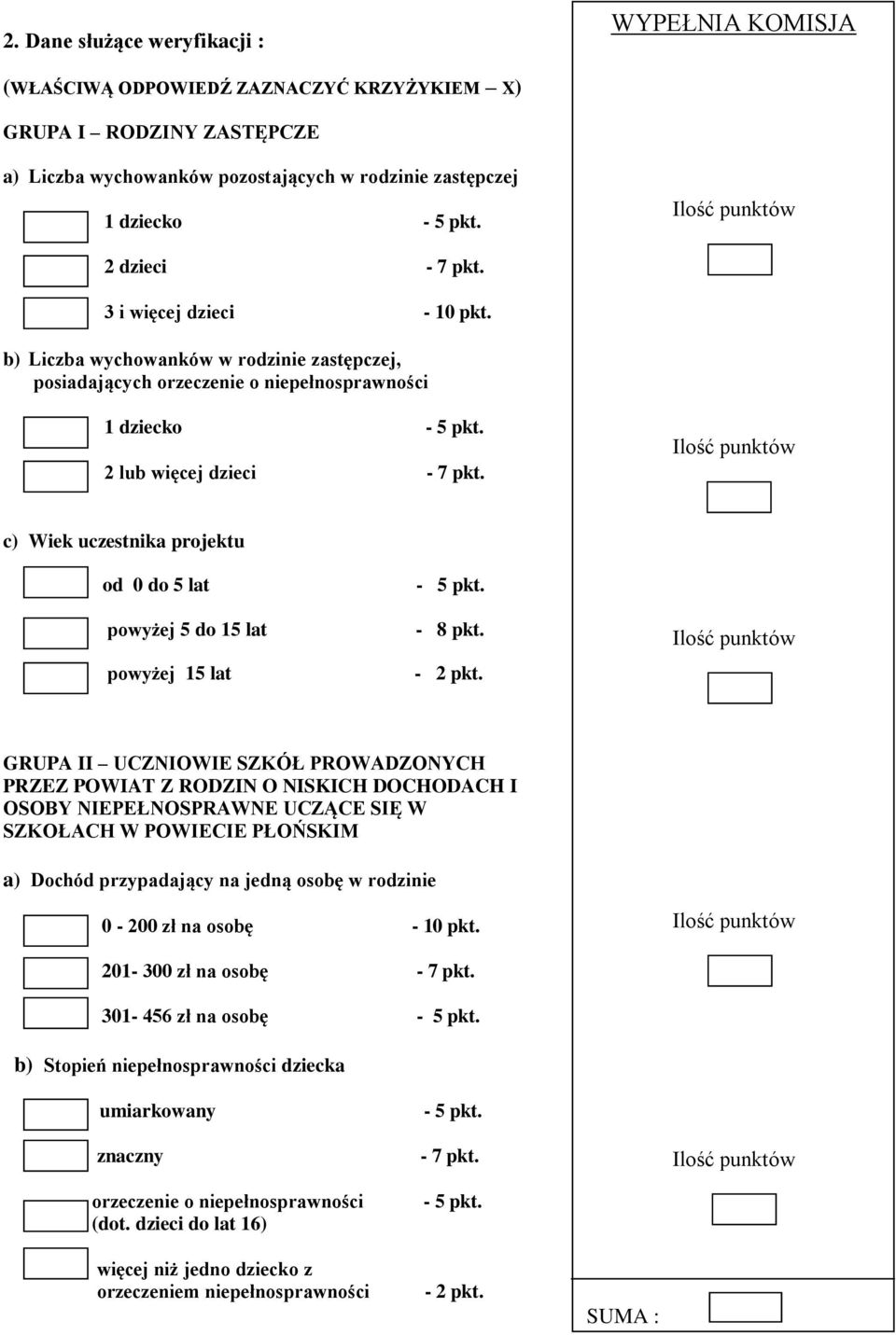 c) Wiek uczestnika projektu od 0 do 5 lat powyżej 5 do 15 lat powyżej 15 lat - 5 pkt. - 8 pkt. - 2 pkt.