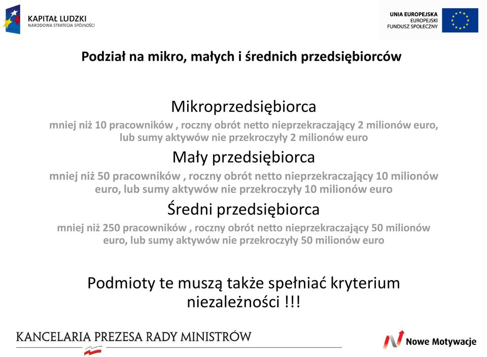 nieprzekraczający 10 milionów euro, lub sumy aktywów nie przekroczyły 10 milionów euro Średni przedsiębiorca mniej niż 250 pracowników,