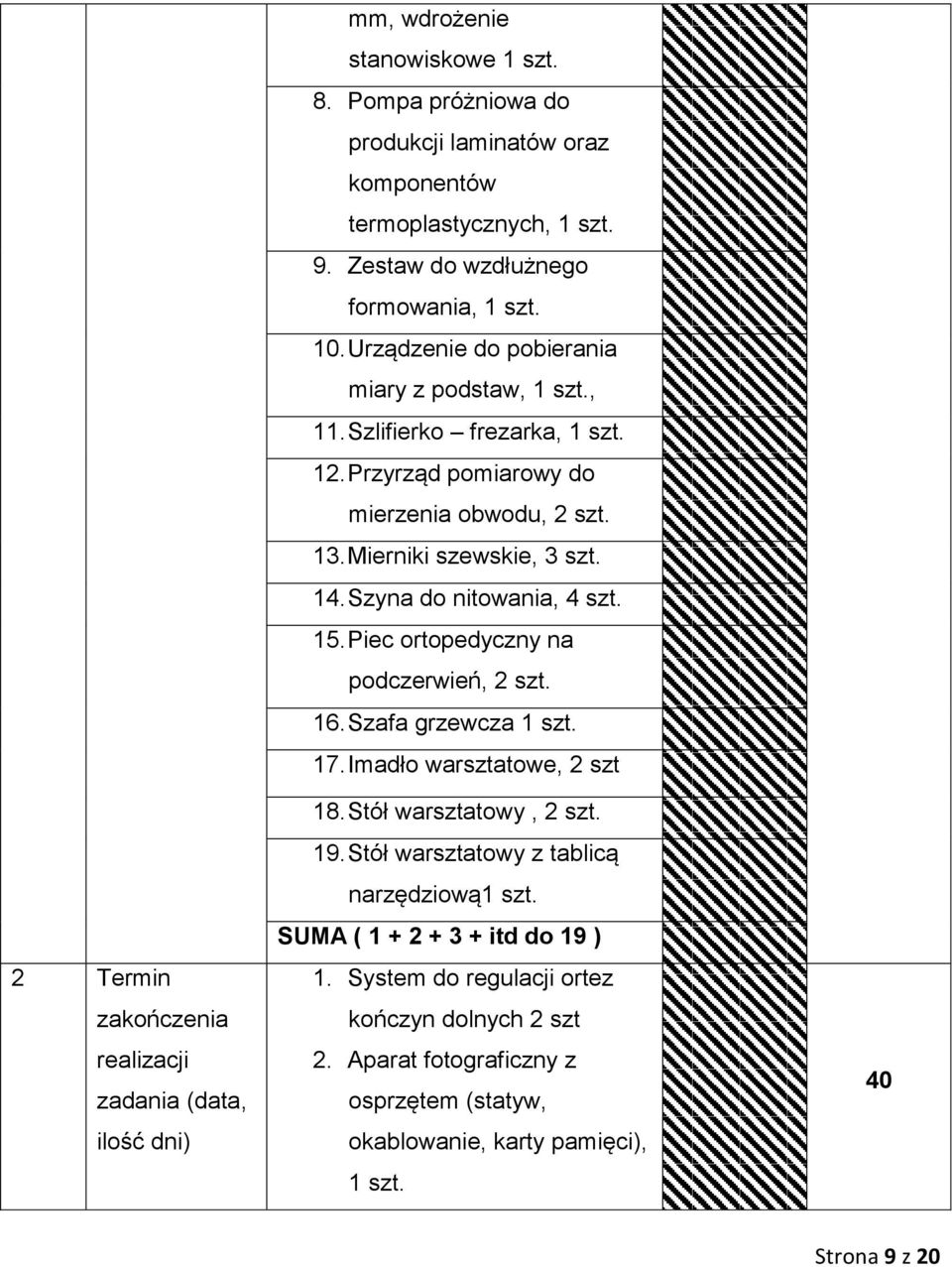 Mierniki szewskie, 3 szt. 14. Szyna do nitowania, 4 szt. 15. Piec ortopedyczny na podczerwień, 2 szt. 16. Szafa grzewcza 1 szt. 17. Imadło warsztatowe, 2 szt 18. Stół warsztatowy, 2 szt. 19.