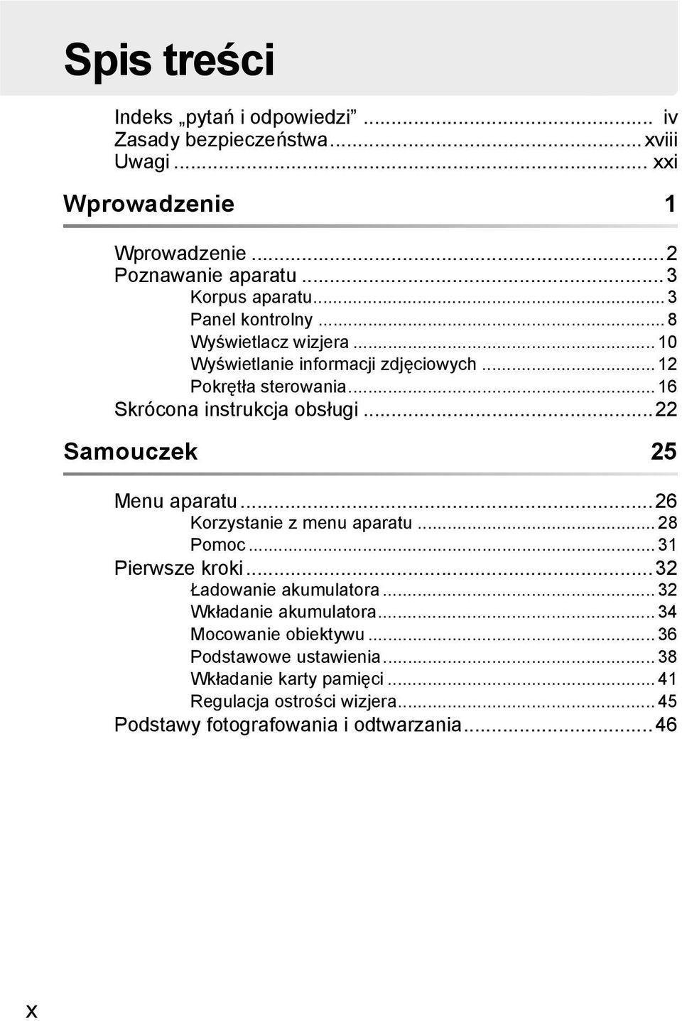 ..22 Samouczek 25 Menu aparatu...26 Korzystanie z menu aparatu... 28 Pomoc... 31 Pierwsze kroki...32 Ładowanie akumulatora... 32 Wkładanie akumulatora.