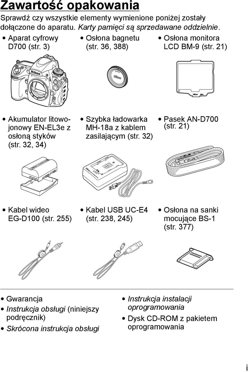 32, 34) Szybka ładowarka MH-18a z kablem zasilającym (str. 32) Pasek AN-D700 (str. 21) Kabel wideo EG-D100 (str. 255) Kabel USB UC-E4 (str.