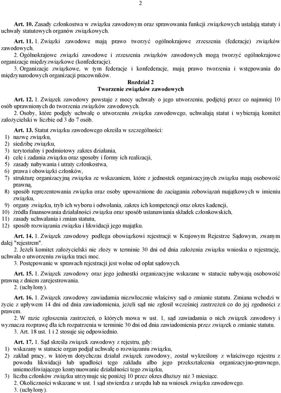 Organizacje związkowe, w tym federacje i konfederacje, mają prawo tworzenia i wstępowania do międzynarodowych organizacji pracowników. Rozdział 2 Tworzenie związków zawodowych Art. 12