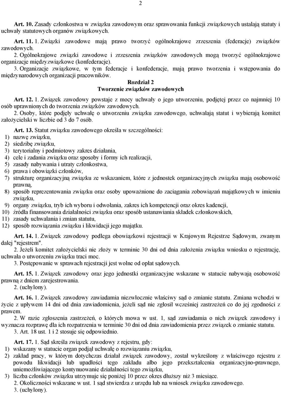 Organizacje związkowe, w tym federacje i konfederacje, mają prawo tworzenia i wstępowania do międzynarodowych organizacji pracowników. Rozdział 2 Tworzenie związków zawodowych Art. 12