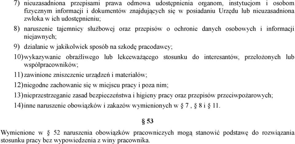 lub lekceważącego stosunku do interesantów, przełożonych lub współpracowników; 11) zawinione zniszczenie urządzeń i materiałów; 12)niegodne zachowanie się w miejscu pracy i poza nim;