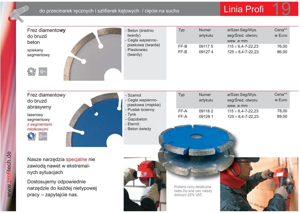 ø mm 115 x 6,4-7-22,23 125 x 6,4-7-22,23 76,00 86,00 Frez diamentowy do bruzd abrasywny laserowy segmentowy z segmentami młotkowymi - Szamot - Cegła wapiennopiaskowa (miękka) - Pustak ścienny - Tynk