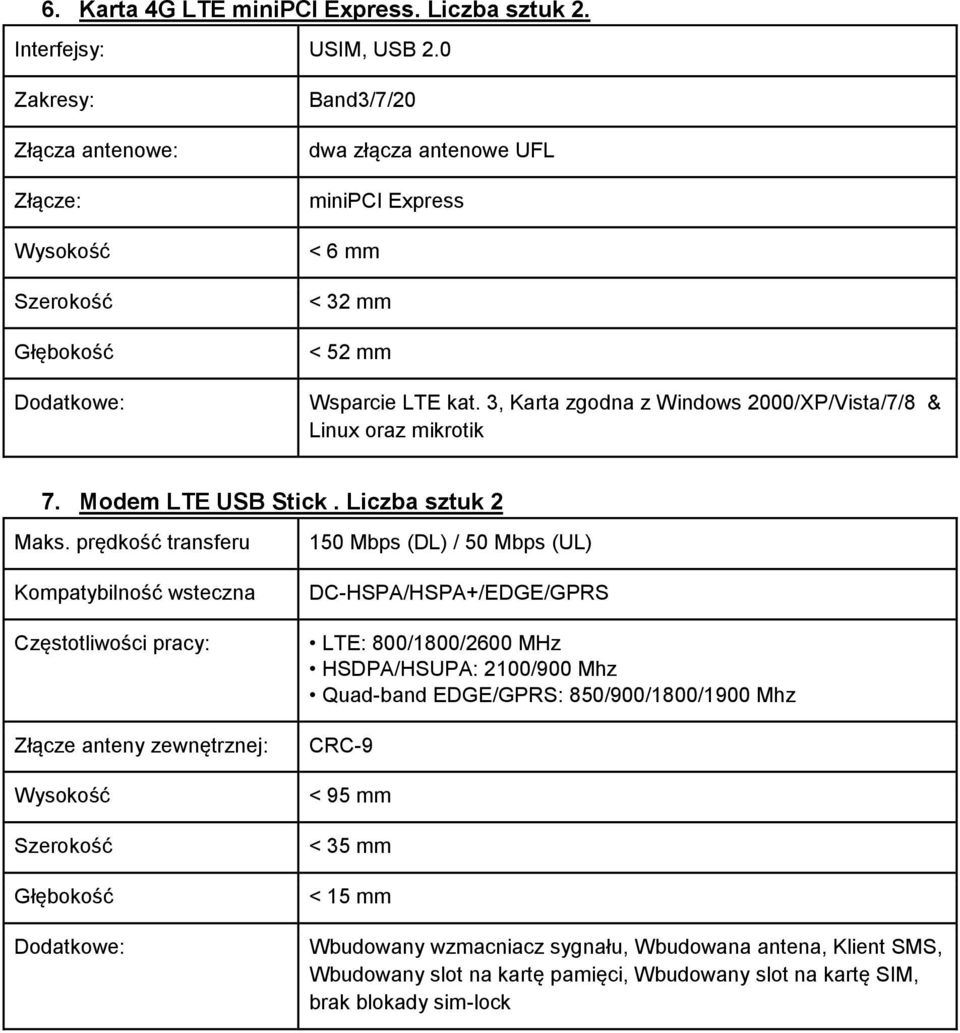 3, Karta zgodna z Windows 2000/XP/Vista/7/8 & Linux oraz mikrotik 7. Modem LTE USB Stick. Liczba sztuk 2 Maks.