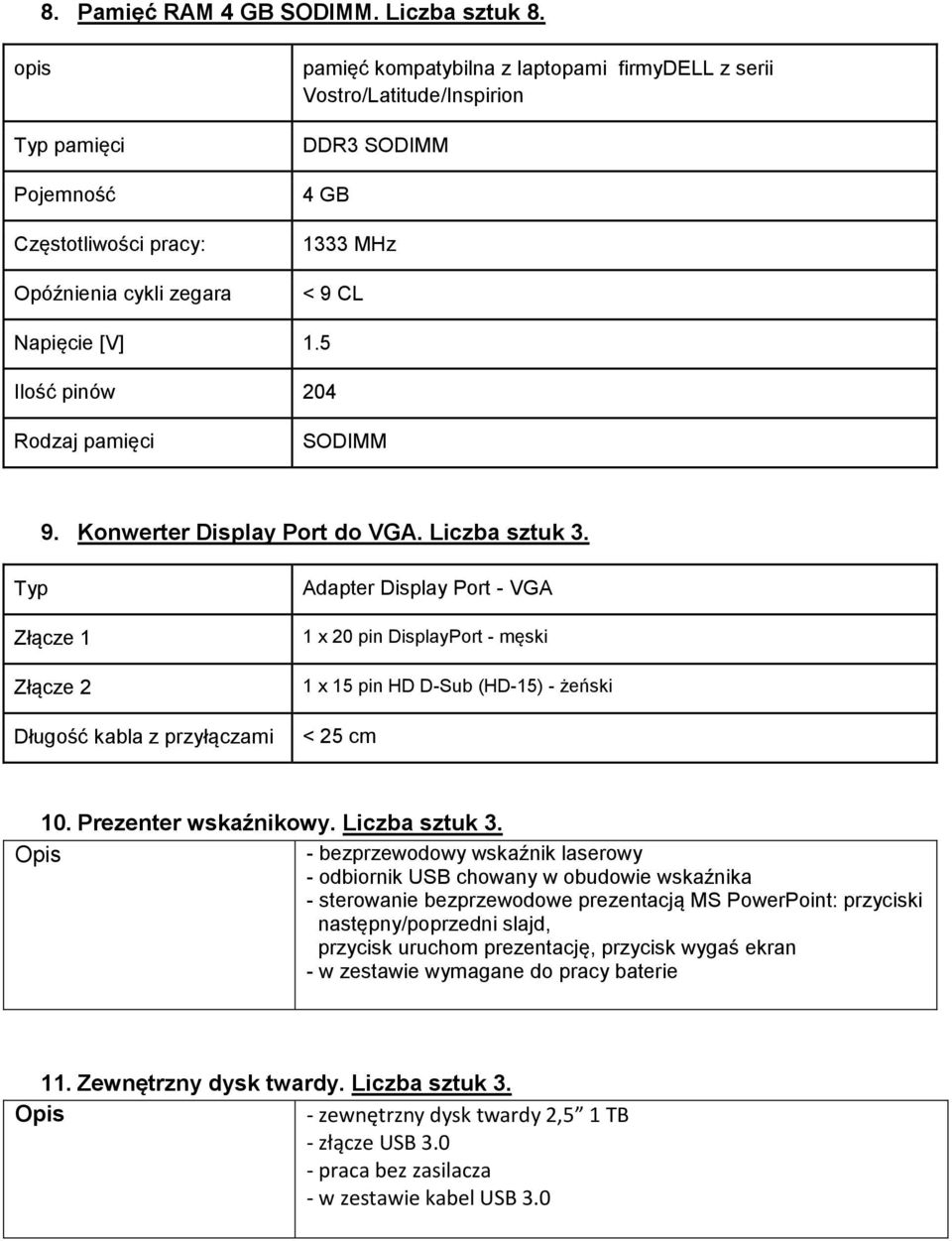 5 Ilość pinów 204 Rodzaj pamięci SODIMM 9. Konwerter Display Port do VGA. Liczba sztuk 3.