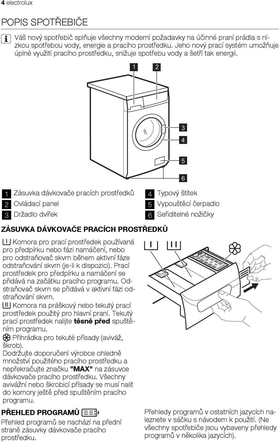 1 2 3 4 5 6 1 Zásuvka dávkovače pracích prostředků 2 Ovládací panel 3 Držadlo dvířek 4 Typový štítek 5 Vypouštěcí čerpadlo 6 Seřiditelné nožičky ZÁSUVKA DÁVKOVAČE PRACÍCH PROSTŘEDKŮ Komora pro prací