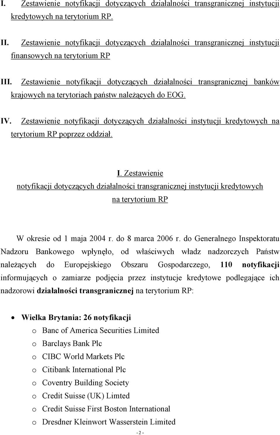 Zestawienie notyfikacji dotyczących działalności transgranicznej banków krajowych na terytoriach państw należących do EOG. IV.