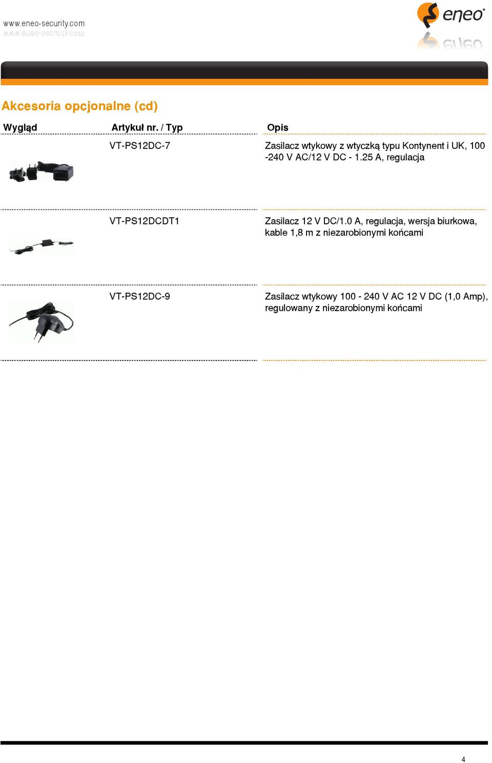 DC - 1.25 A, regulacja VT-PS12DCDT1 Zasilacz 12 V DC/1.