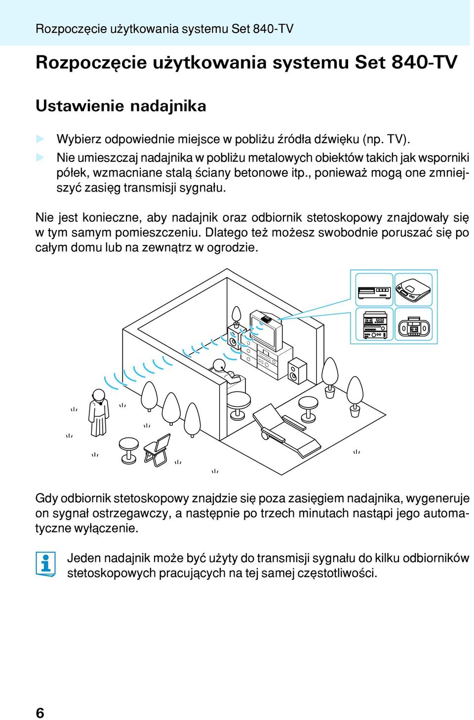 Nie jest konieczne, aby nadajnik oraz odbiornik stetoskopowy znajdowa³y siê w tym samym pomieszczeniu. Dlatego te mo esz swobodnie poruszaæ siê po ca³ym domu lub na zewn¹trz w ogrodzie.