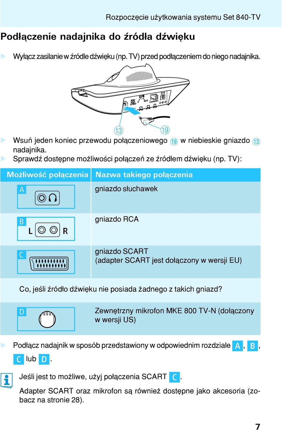 TV): Mo liwoœæ po³¹czenia Nazwa takiego po³¹czenia gniazdo s³uchawek gniazdo RCA gniazdo SCART (adapter SCART jest do³¹czony w wersji EU) Co, jeœli Ÿród³o dÿwiêku nie posiada adnego z