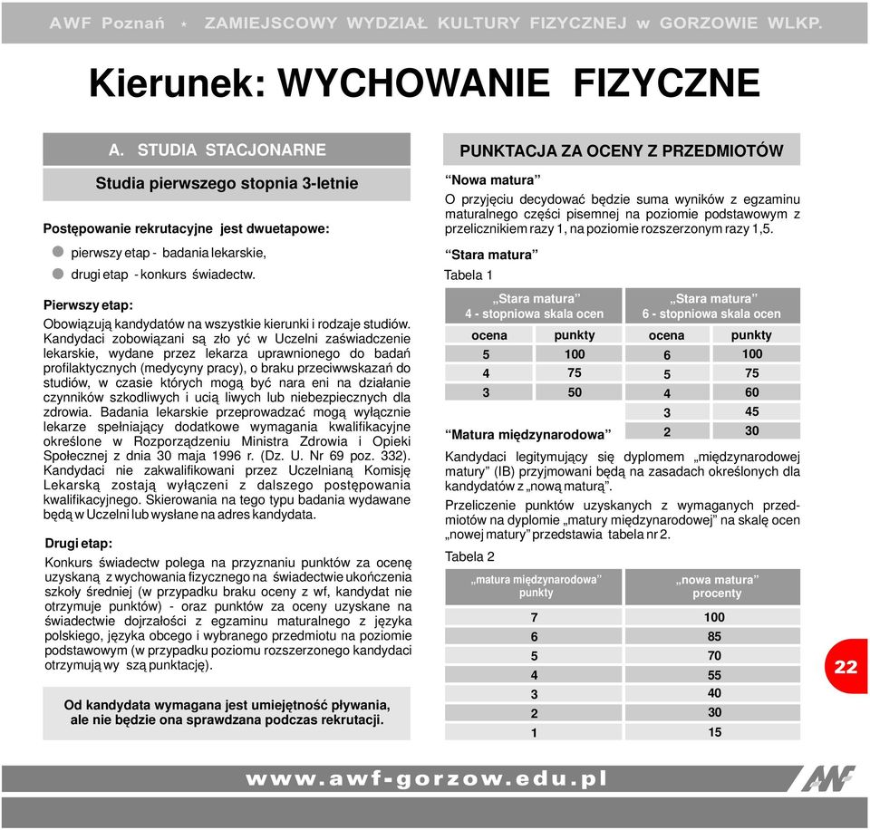 Kandydaci zobowiązani są złożyć w Uczelni zaświadczenie lekarskie, wydane przez lekarza uprawnionego do badań profilaktycznych (medycyny pracy), o braku przeciwwskazań do studiów, w czasie których