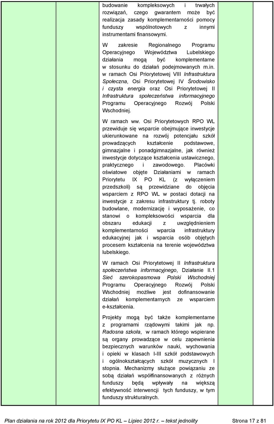 w ramach Osi Priorytetowej VIII Infrastruktura Społeczna, Osi Priorytetowej IV Środowisko i czysta energia oraz Osi Priorytetowej II Infrastruktura społeczeństwa informacyjnego Programu Operacyjnego