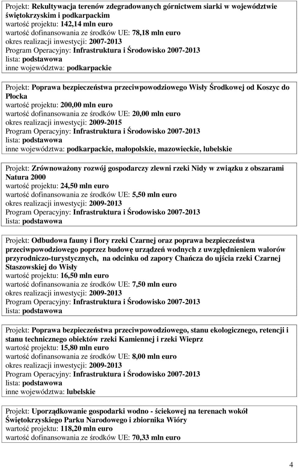 dofinansowania ze środków UE: 20,00 mln euro okres realizacji inwestycji: 2009-2015 inne województwa: podkarpackie, małopolskie, mazowieckie, lubelskie Projekt: ZrównowaŜony rozwój gospodarczy zlewni