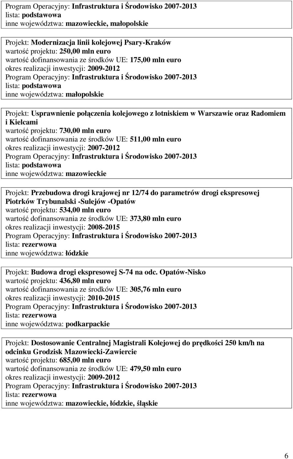 realizacji inwestycji: 2007-2012 inne województwa: mazowieckie Projekt: Przebudowa drogi krajowej nr 12/74 do parametrów drogi ekspresowej Piotrków Trybunalski -Sulejów -Opatów wartość projektu: