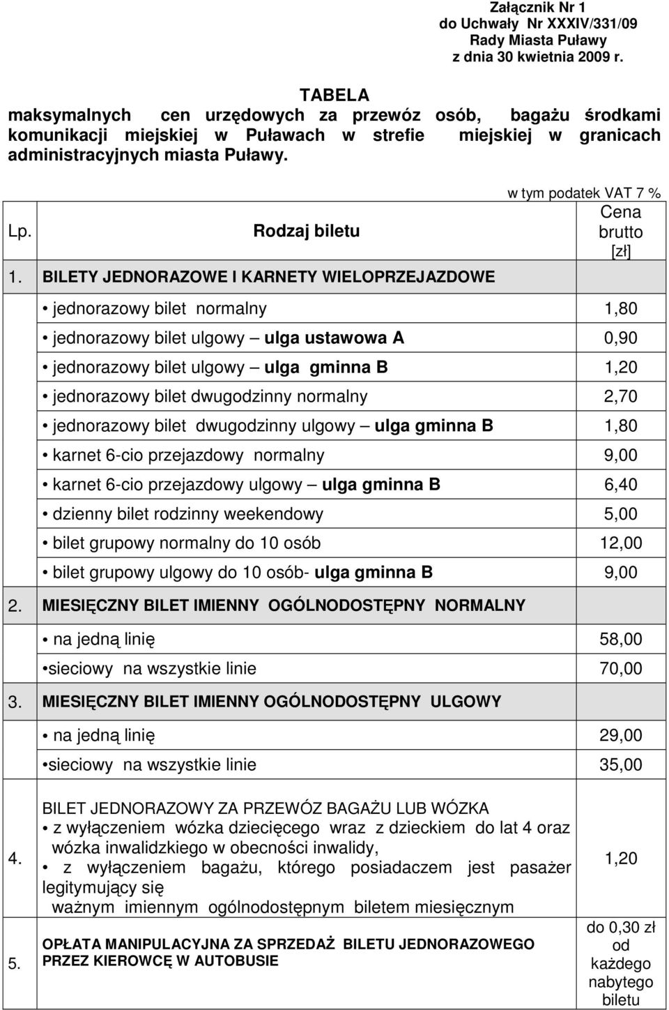 BILETY JEDNORAZOWE I KARNETY WIELOPRZEJAZDOWE w tym podatek VAT 7 % Cena brutto [zł] jednorazowy bilet normalny 1,80 jednorazowy bilet ulgowy ulga ustawowa A 0,90 jednorazowy bilet ulgowy ulga gminna