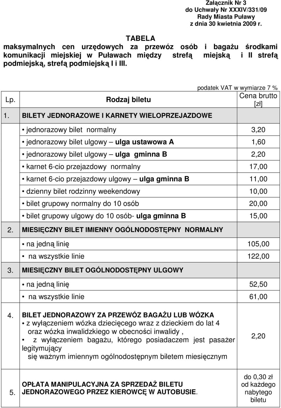 BILETY JEDNORAZOWE I KARNETY WIELOPRZEJAZDOWE podatek VAT w wymiarze 7 % Cena brutto [zł] jednorazowy bilet normalny 3,20 jednorazowy bilet ulgowy ulga ustawowa A 1,60 jednorazowy bilet ulgowy ulga