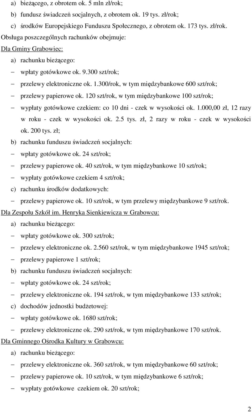 120 szt/rok, w tym międzybankowe 100 szt/rok; wypłaty gotówkowe czekiem: co 10 dni - czek w wysokości ok. 1.000,00 zł, 12 razy w roku - czek w wysokości ok. 2.5 tys.