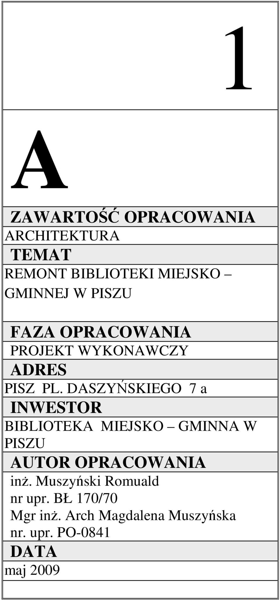 DASZYŃSKIEGO 7 a INWESTOR BIBLIOTEKA MIEJSKO GMINNA W PISZU AUTOR OPRACOWANIA