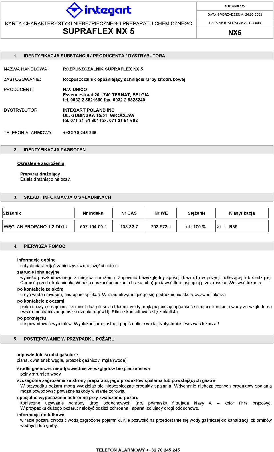 071 31 51 602 TELEFON ALARMOWY: ++32 70 245 245 2. IDENTYFIKACJA ZAGROŻEŃ Określenie zagrożenia Preparat drażniący. Działa drażniąco na oczy. 3. SKŁAD I INFORMACJA O SKŁADNIKACH Składnik Nr indeks.