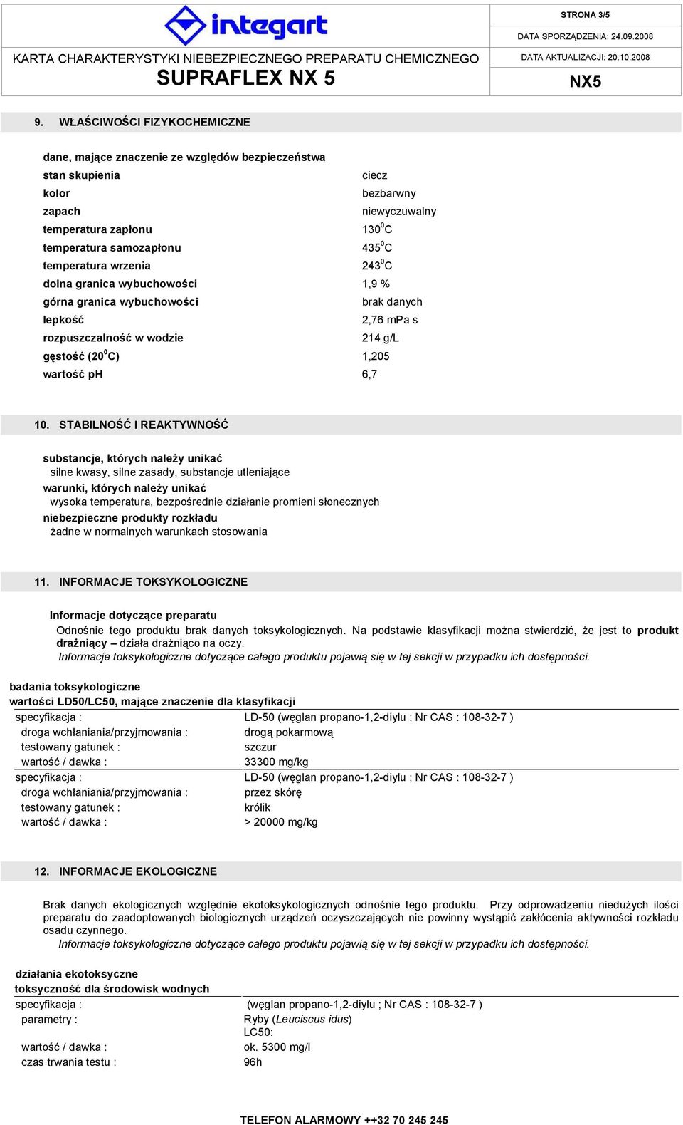 temperatura wrzenia 243 0 C dolna granica wybuchowości 1,9 % górna granica wybuchowości lepkość 2,76 mpa s rozpuszczalność w wodzie 214 g/l gęstość (20 0 C) 1,205 wartość ph 6,7 10.