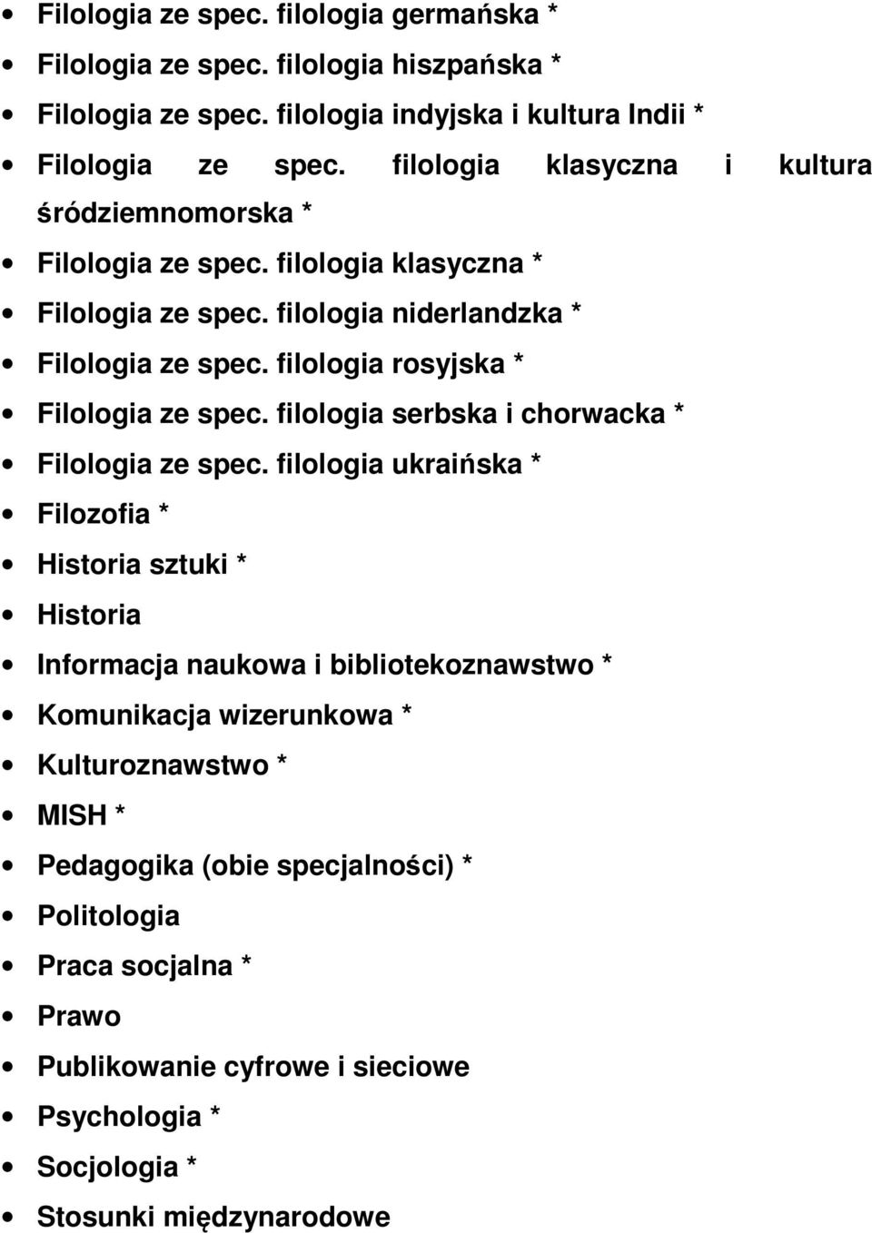 filologia rosyjska * Filologia ze spec. filologia serbska i chorwacka * Filologia ze spec.