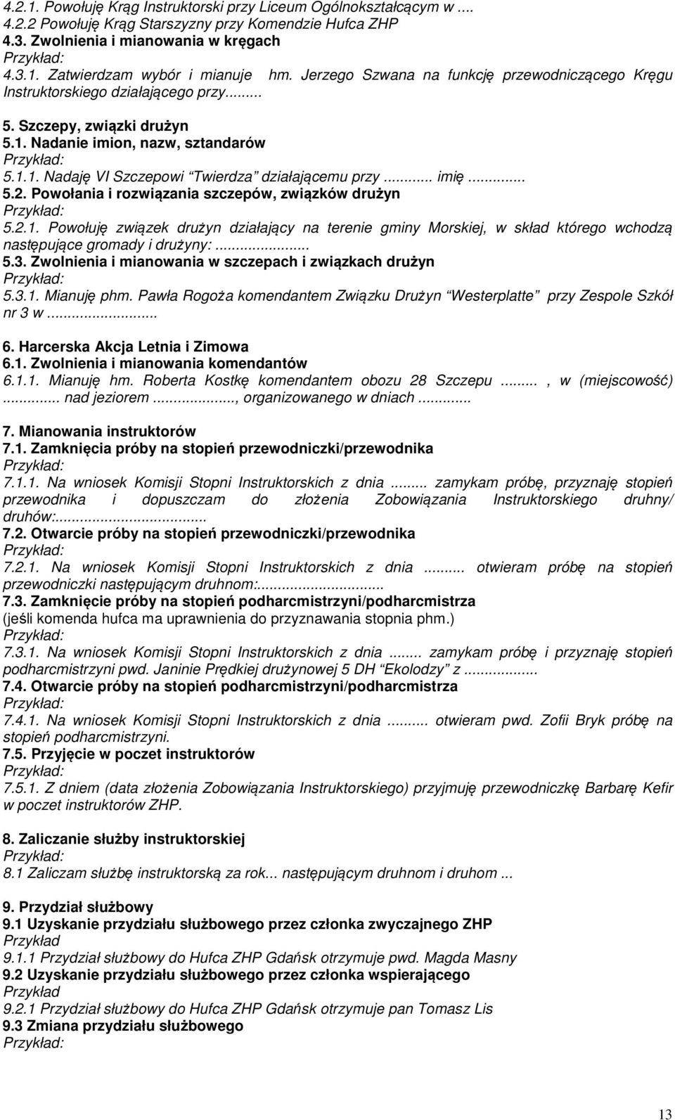 .. imię... 5.2. Powołania i rozwiązania szczepów, związków drużyn 5.2.1. Powołuję związek drużyn działający na terenie gminy Morskiej, w skład którego wchodzą następujące gromady i drużyny:... 5.3.