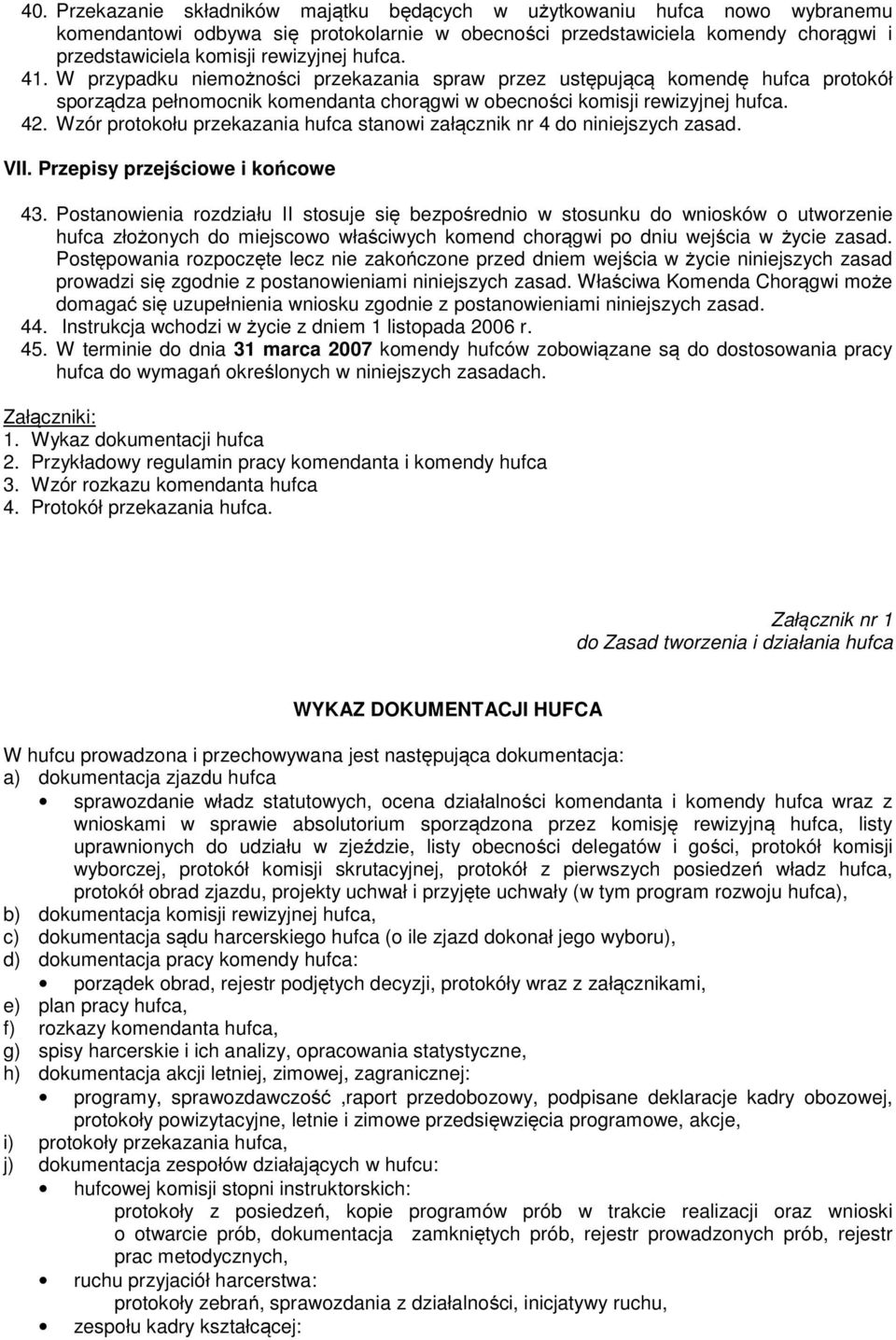 Wzór protokołu przekazania hufca stanowi załącznik nr 4 do niniejszych zasad. VII. Przepisy przejściowe i końcowe 43.