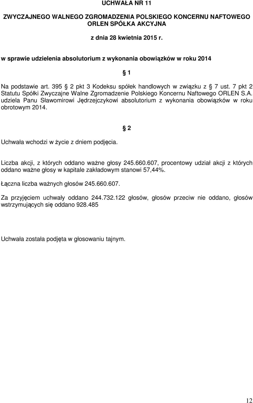 udziela Panu Sławomirowi Jędrzejczykowi absolutorium z wykonania obowiązków w roku obrotowym 2014. Uchwała wchodzi w życie z dniem podjęcia.