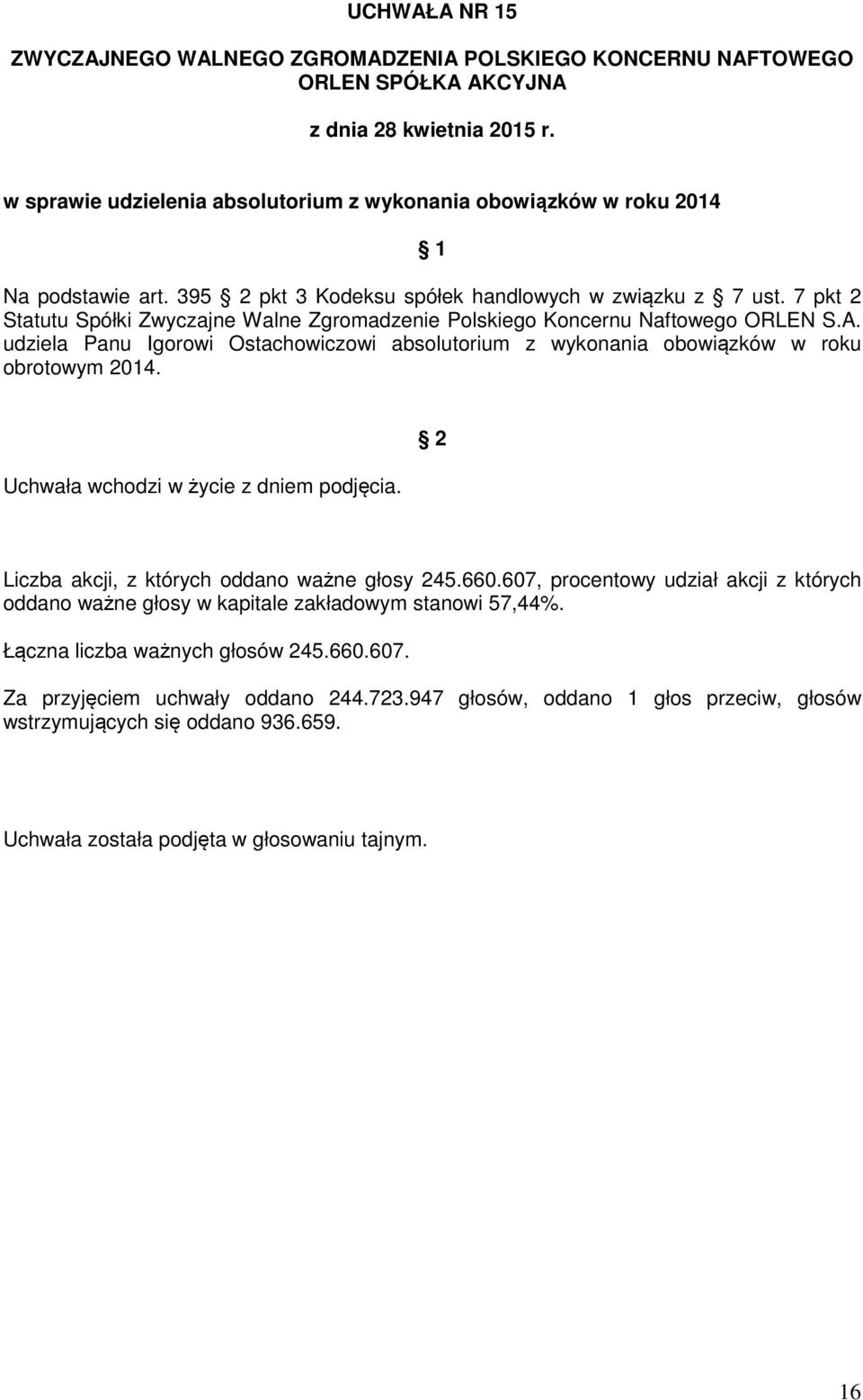 udziela Panu Igorowi Ostachowiczowi absolutorium z wykonania obowiązków w roku obrotowym 2014. Uchwała wchodzi w życie z dniem podjęcia. Liczba akcji, z których oddano ważne głosy 245.