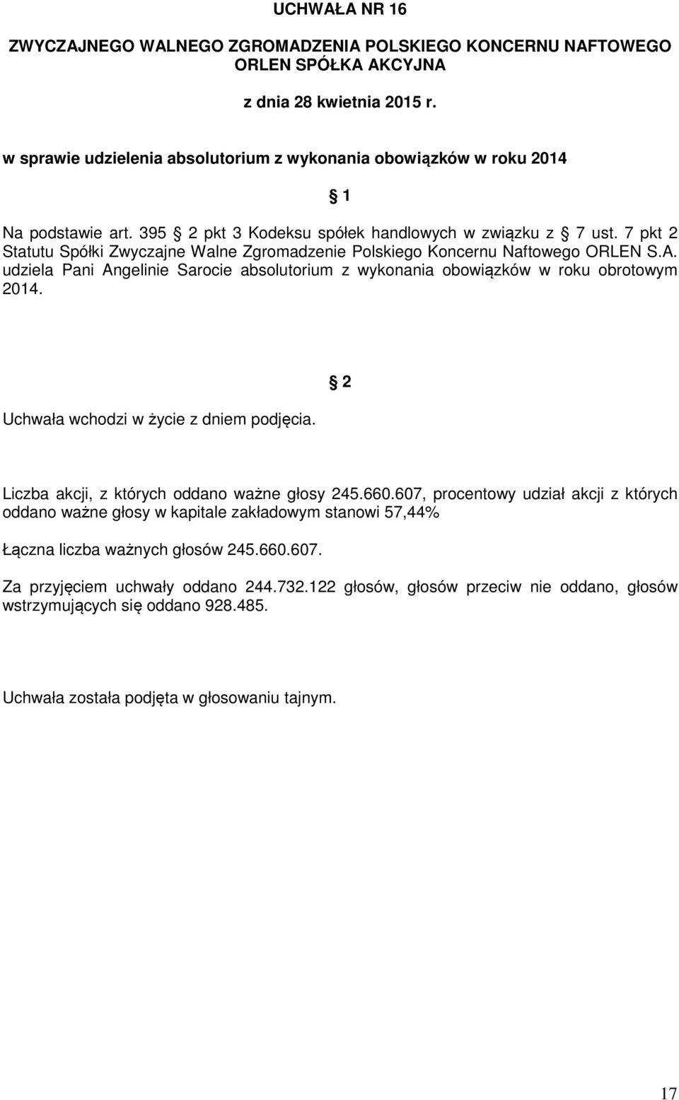 Uchwała wchodzi w życie z dniem podjęcia. Liczba akcji, z których oddano ważne głosy 245.660.